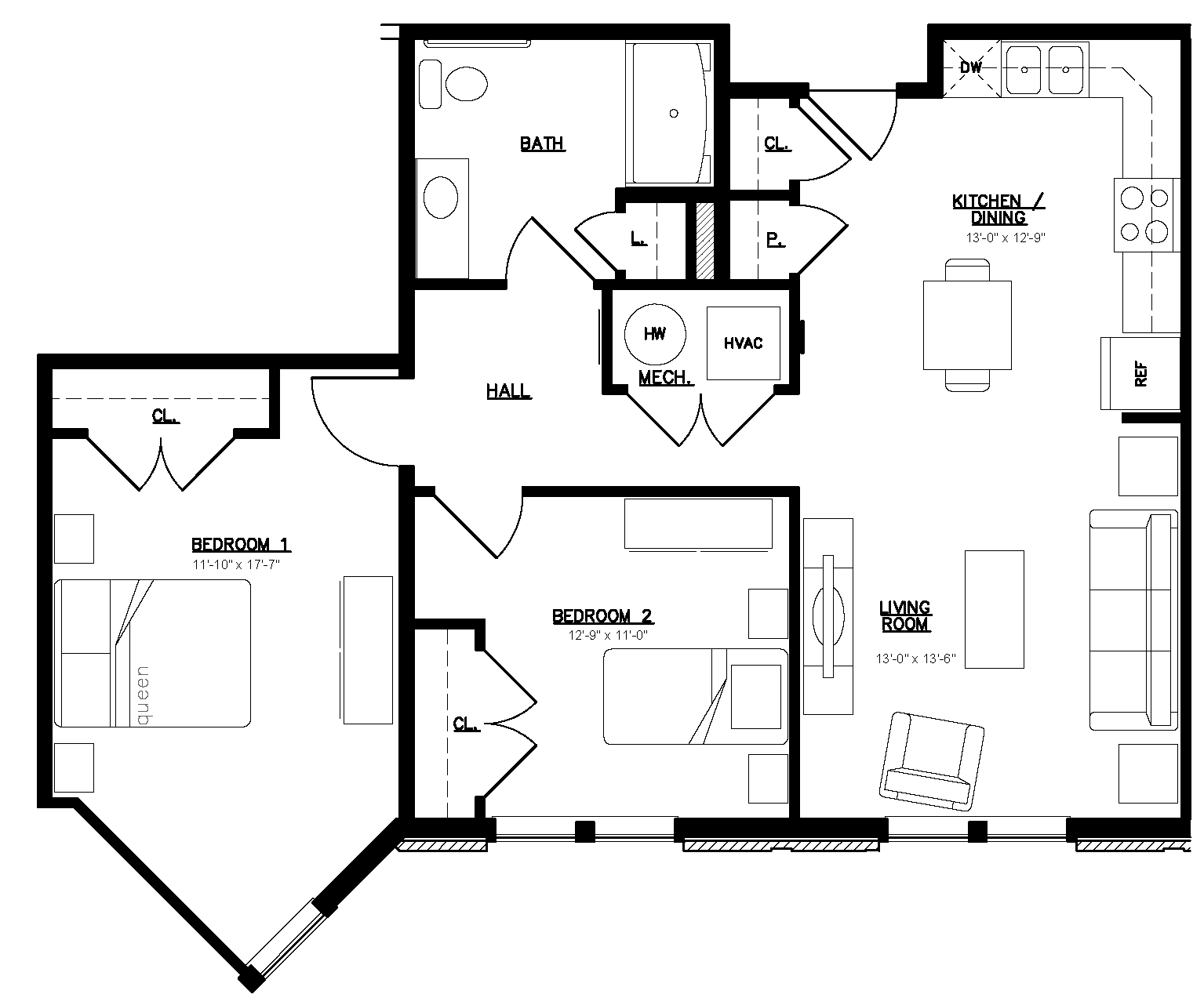 Floor plan for 2 beds, 1 bath, 897 sqft